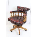 Victorian style Red Button Leather Swivel Office Elbow Chair, 65cm wide