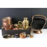 A collection of mixed brass and copper ware to include coal scuttle, vases, jugs, kettles...etc.