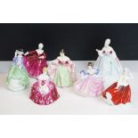 Seven Royal Doulton porcelain lady figures to include Sara (HN 3219), Rebecca (HN 3414), Diana (HN