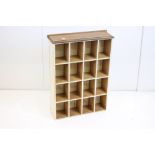 Vintage part painted pine tabletop pigeonhole shelf of 16 compartments, 51cm wide x 72cm high