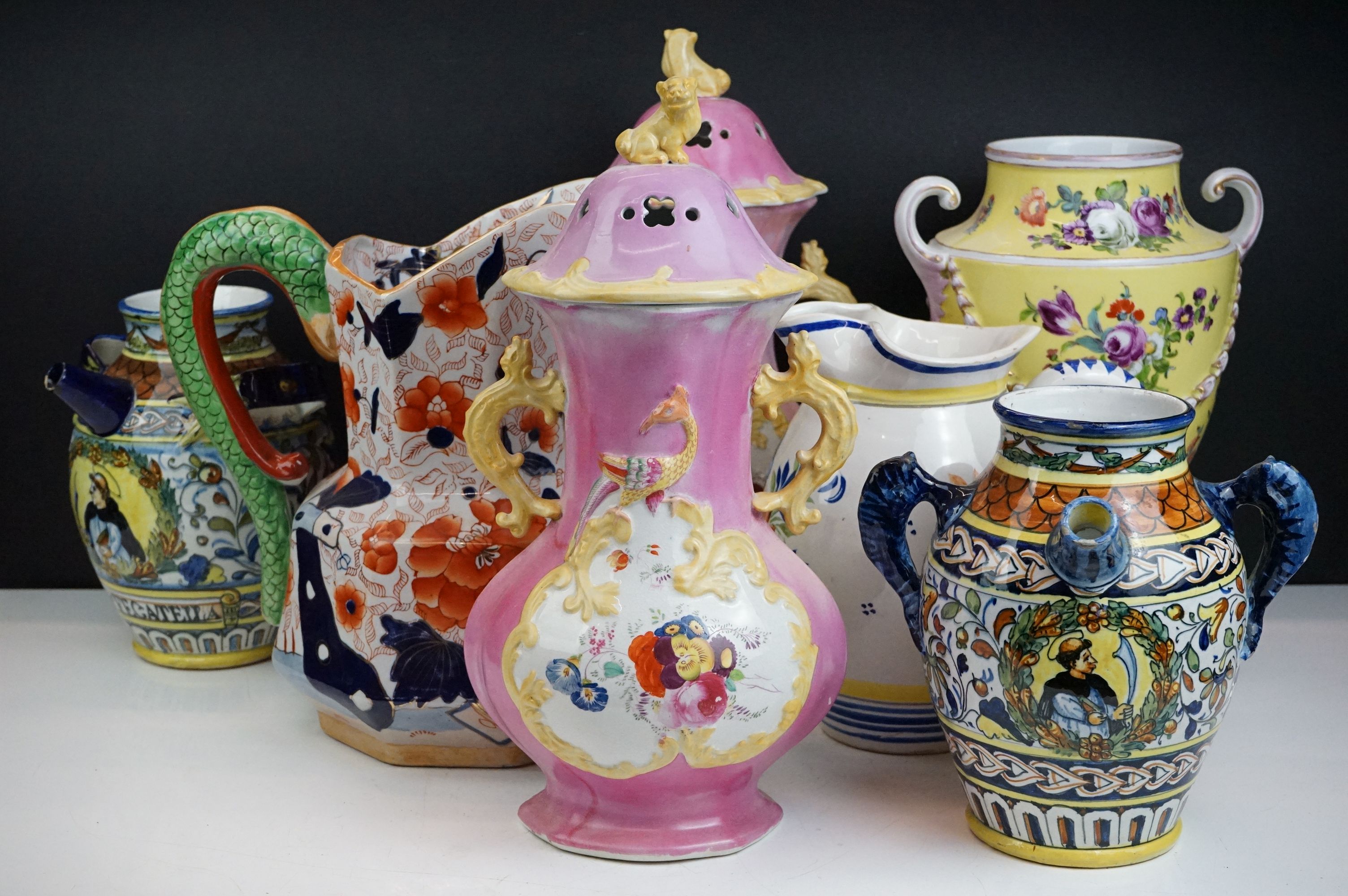 Collection of pottery and porcelain to include: Quimper Pottery jug, signed 'Henriot Quimper