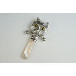 Silver Louis Wain style baby's rattle with mother-of-pearl handle