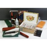 A collection of cigars cases and travel tubes together with a part box of cuban cigars and related
