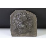 Antique cast lead lion mask plaque, 14cm wide