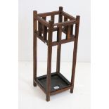 Early 20th century Oak Square Stick Stand with metal drip tray, 65cm high