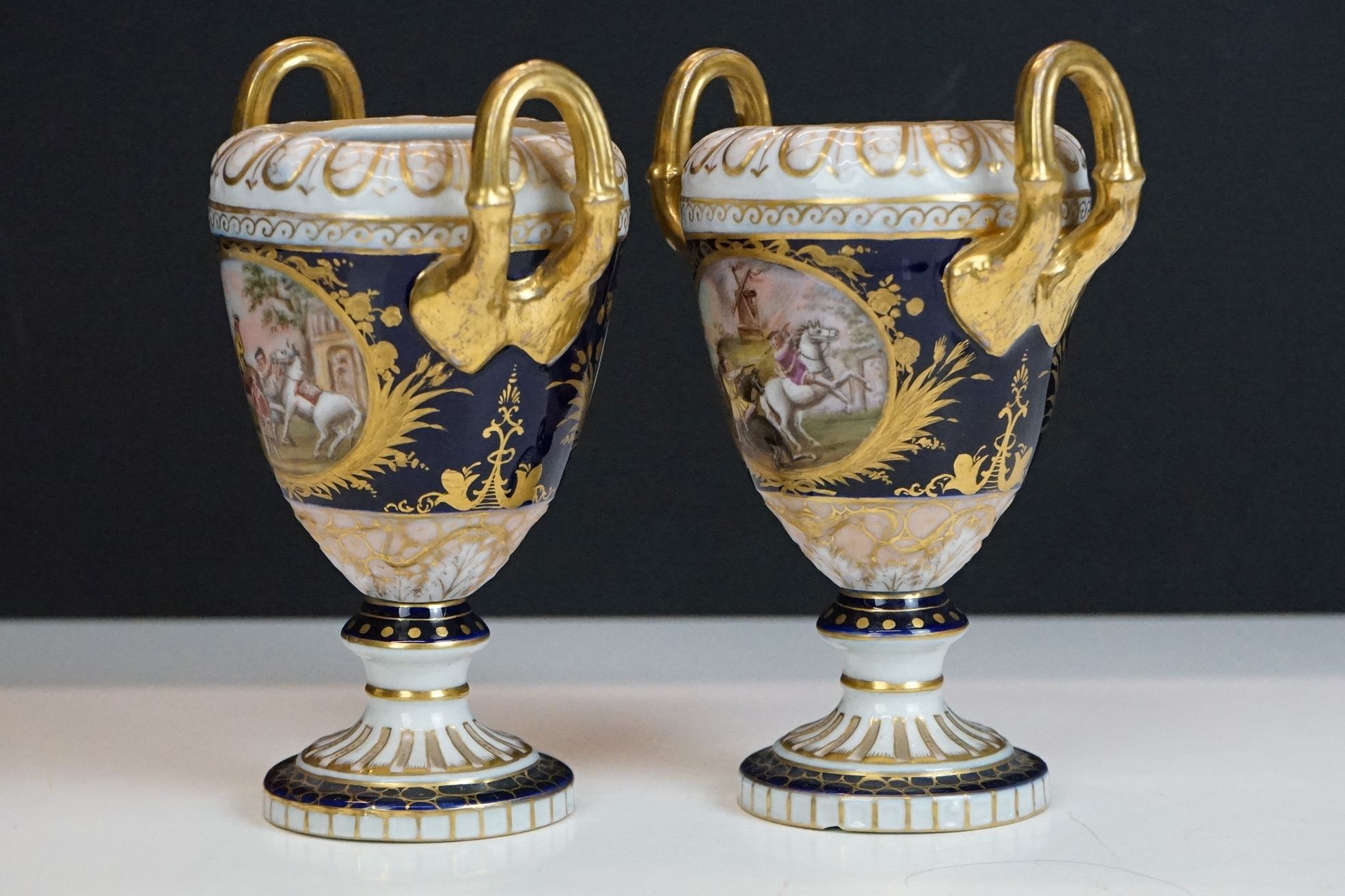 Pair of late 19th / early 20th century Continental porcelain twin-handled urn vases, with hand - Image 5 of 7