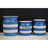 Three Cornish Ware blue & white storage jars to include 2 x TG Green (featuring a Utensils pot -