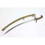 A vintage sabre sword with brass scabbard and cast metal handle and guard.