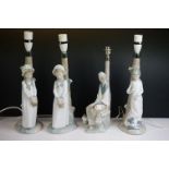 Four Nao & Lladro porcelain figural table lamps featuring a pair of Nao candlesticks modelled as