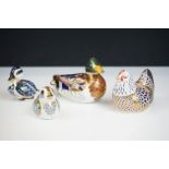 Four Royal Crown Derby paperweights, comprising: duck with gold stopper, 9cm high, chicken with gold