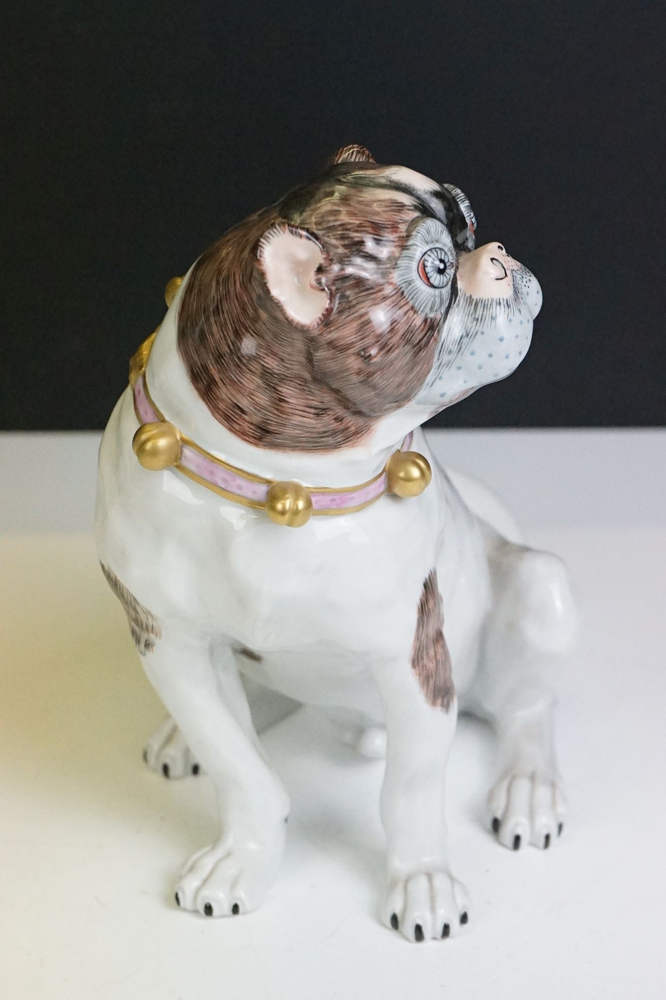 Near pair of 20th Century Dresden seated Pug figures, wearing gilt & pink collars, with hand painted - Image 12 of 17