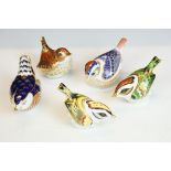 Five Royal Crown Derby bird paperweights to include Jenny Wren (gold stopper), Firecrest (gold