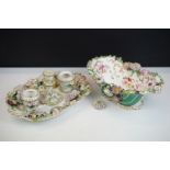 19th Century porcelain floral encrusted candlestick & vases set with gilt scrolling detail, raised