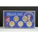 Cased Coin Set ' First Five Years, 40% Silver Kennedy Half Dollars ' containing five coins