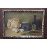 Mid century Still Life Oil on Canvas of a Guinness Extra Stout Bottle and other Food items, 29cm x