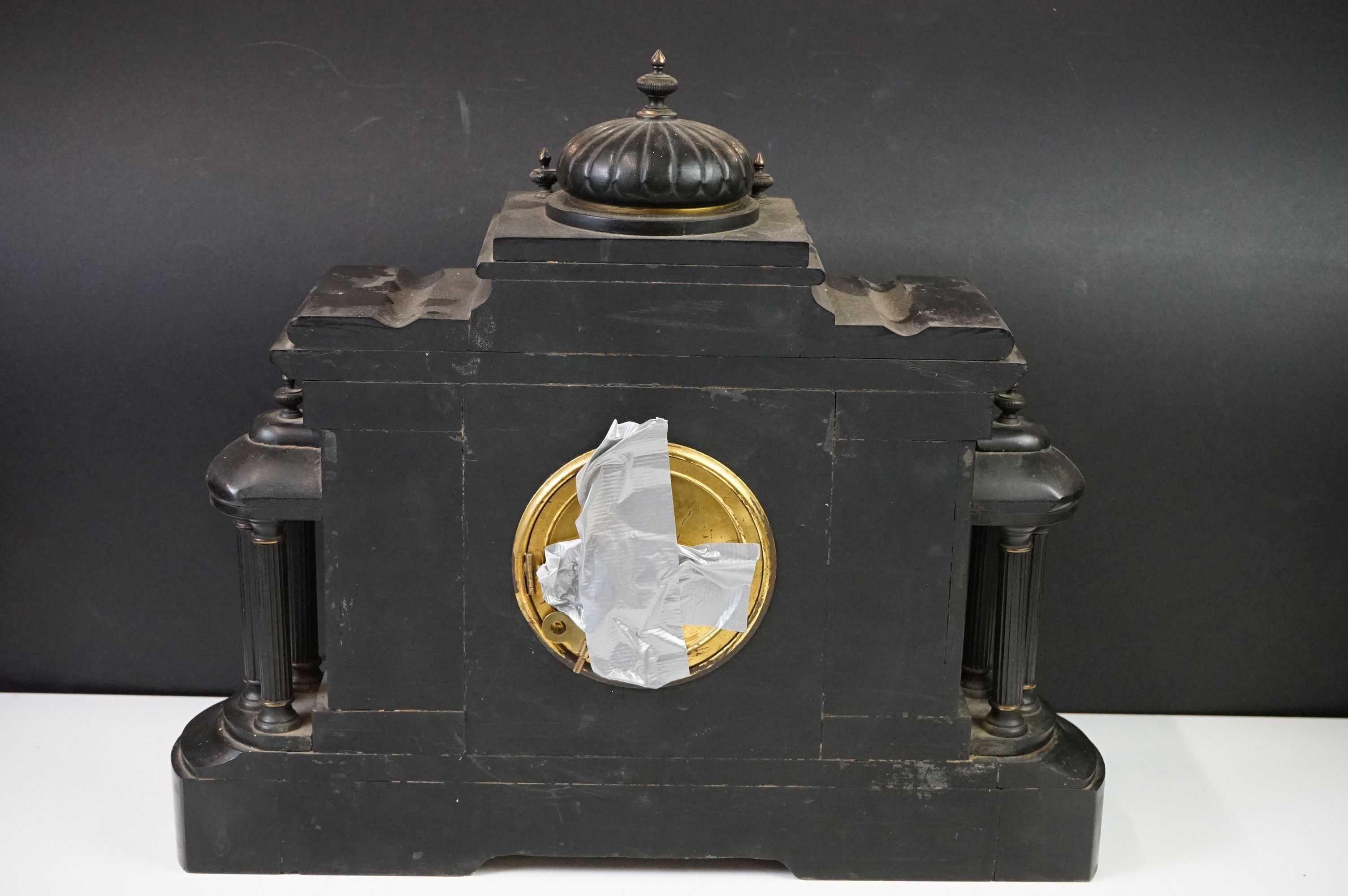 Victorian Architectural Slate and Marble Mantle Clock, the gilt and enamel dial with Roman numerals, - Image 10 of 13