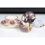 Three Royal Crown Derby paperweights to include Badger, Lamb and Imari Dormouse (all with silver