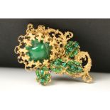 Miriam Haskell Gilt Metal and Green Stone Brooch, stamped to back