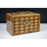 19th Century tea caddy with marquetry geometric inlay, the lid opening to a lined interior with