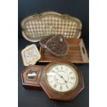 A small group of mixed collectables to include a wooden cased wall clock, three trays and a