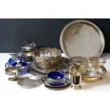 A collection of mixed silver plate to include a canteen of cutlery, trays, dishes, sugar bowl...etc.