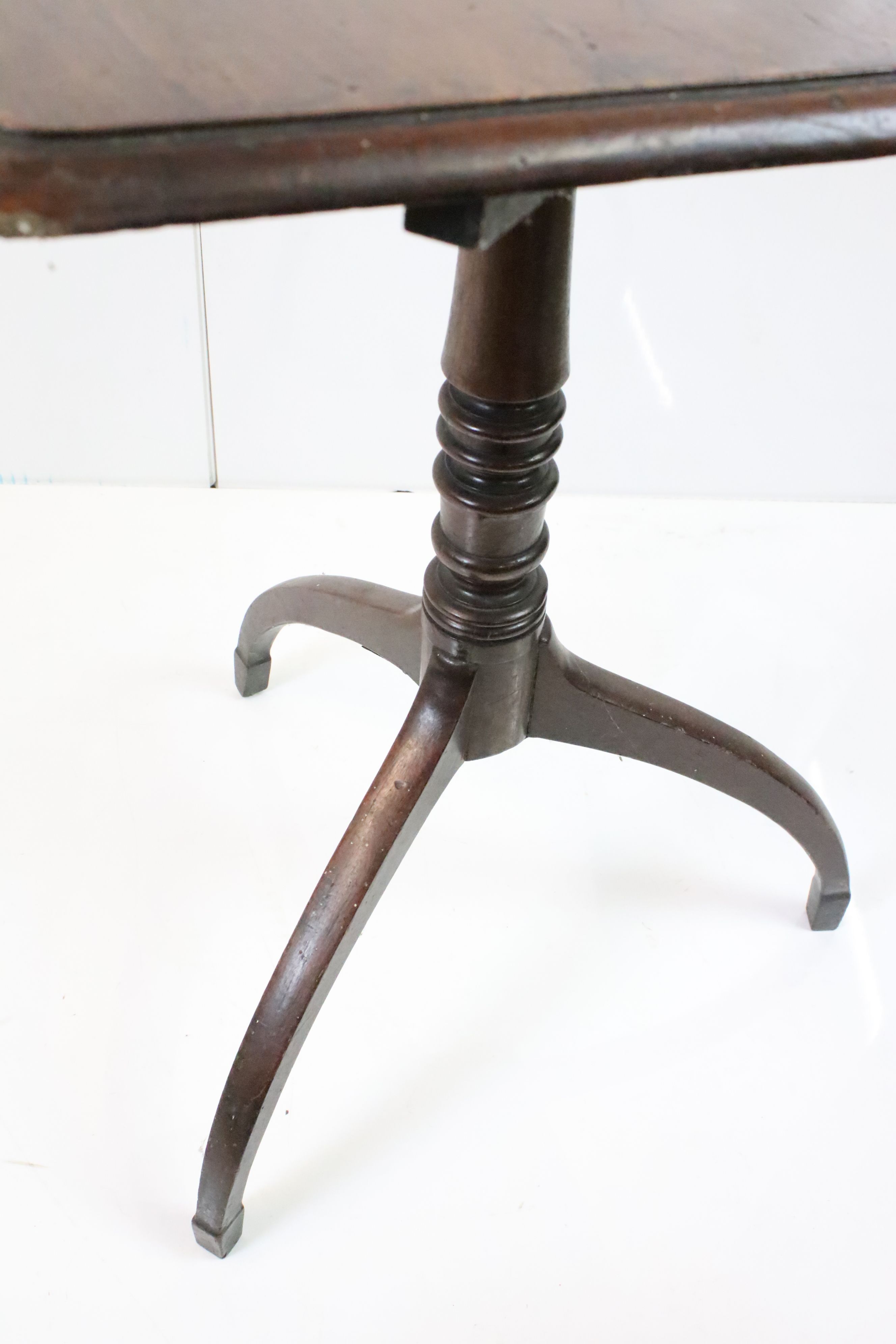 George III Mahogany Square Tilt Top Table, raised on a turned pedestal with three down swept legs, - Image 3 of 6