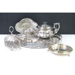 A collection of mixed silver plate to include tray, teapot, toast rack...etc.