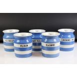 Five T.G. Green Blue and White Cornishware Storage Jars with Lids including Ground Rice, Raisins,