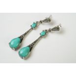 Pair of silver, marcasite & turquoise drop earrings in the Art Deco style