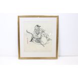 Signed Chinese woodblock depicting a Chinese elder with mythological deer, image measures 40cm x