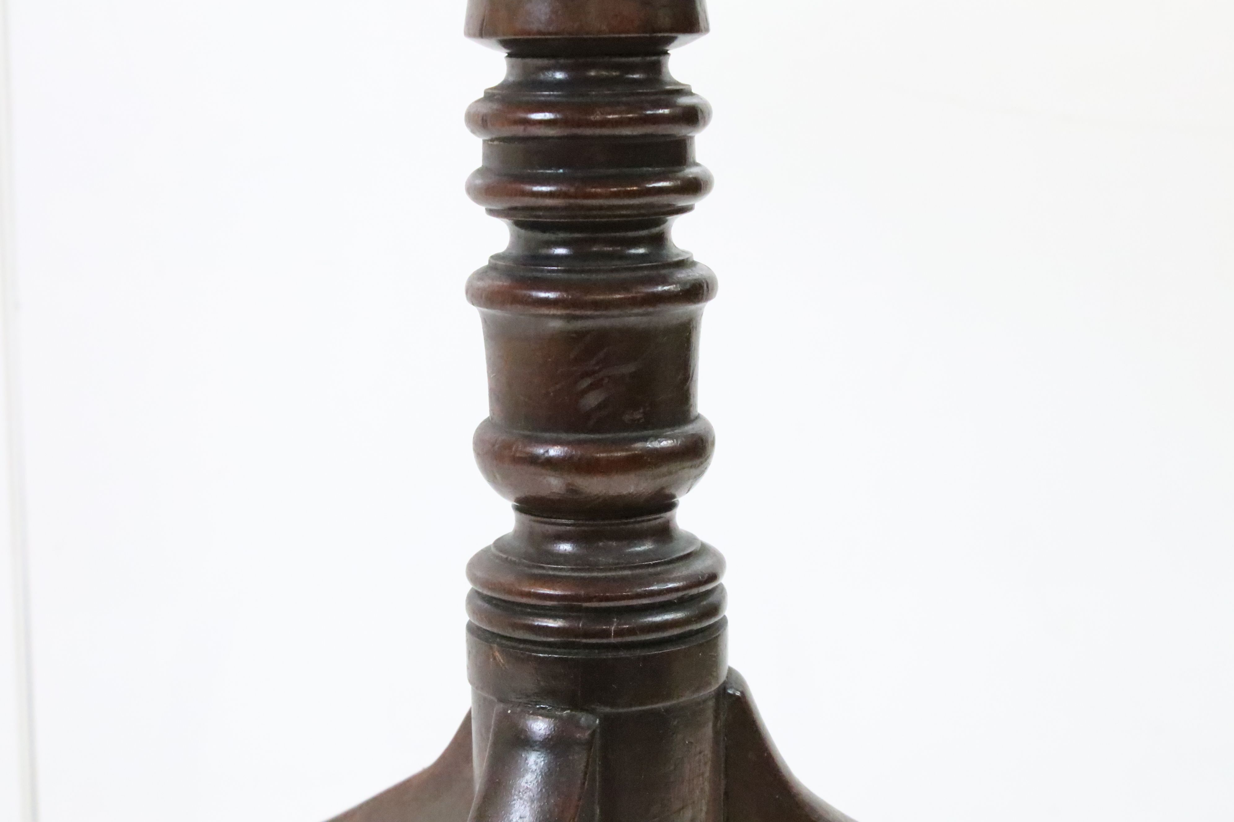 George III Mahogany Square Tilt Top Table, raised on a turned pedestal with three down swept legs, - Image 6 of 6