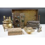A group of mixed collectables to include an oriental brass censor, brass foo dog, Candle holder,