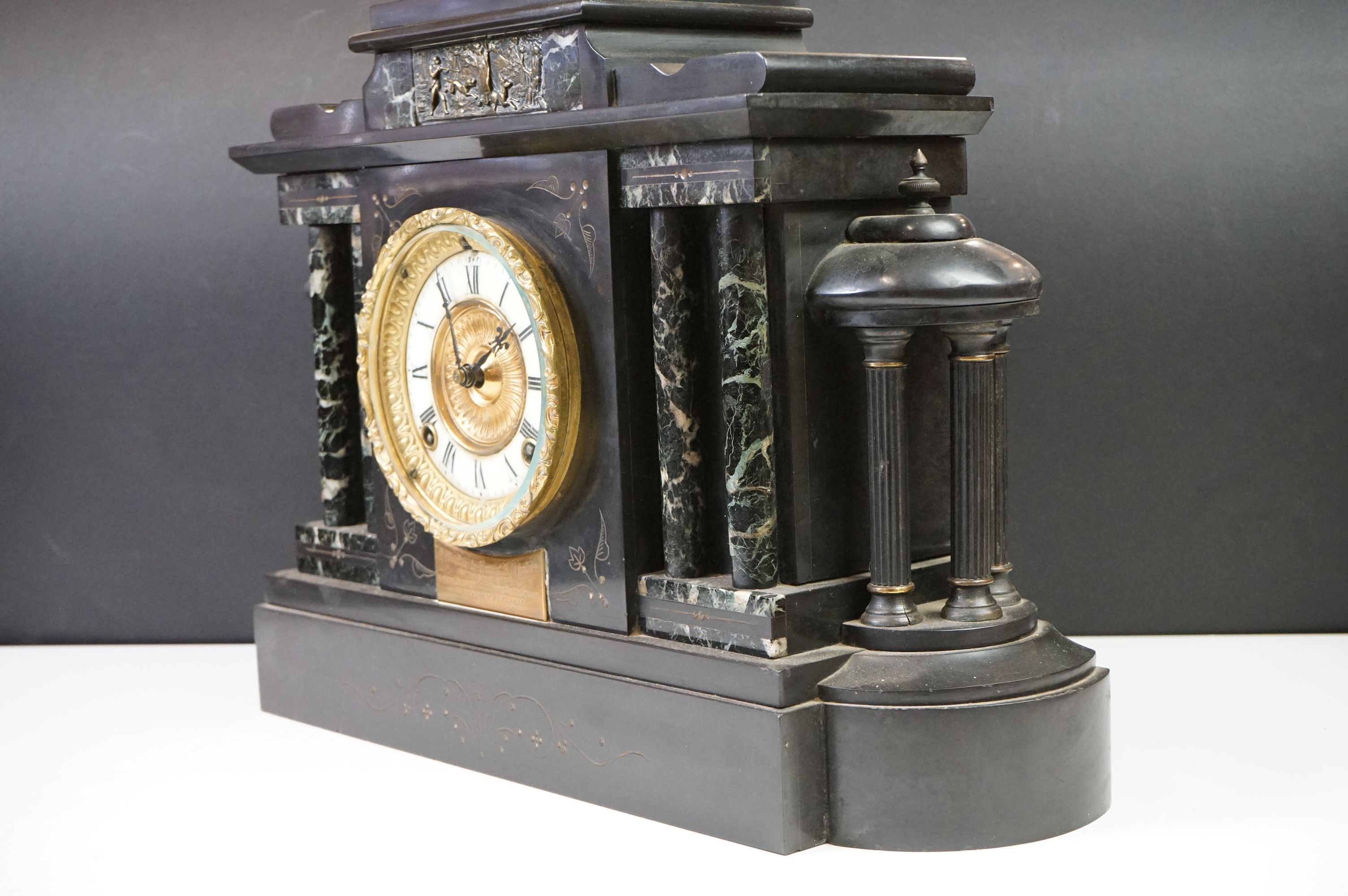 Victorian Architectural Slate and Marble Mantle Clock, the gilt and enamel dial with Roman numerals, - Image 9 of 13