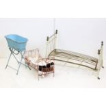 Two vintage metal dolls bed frames together with a dolls bath.