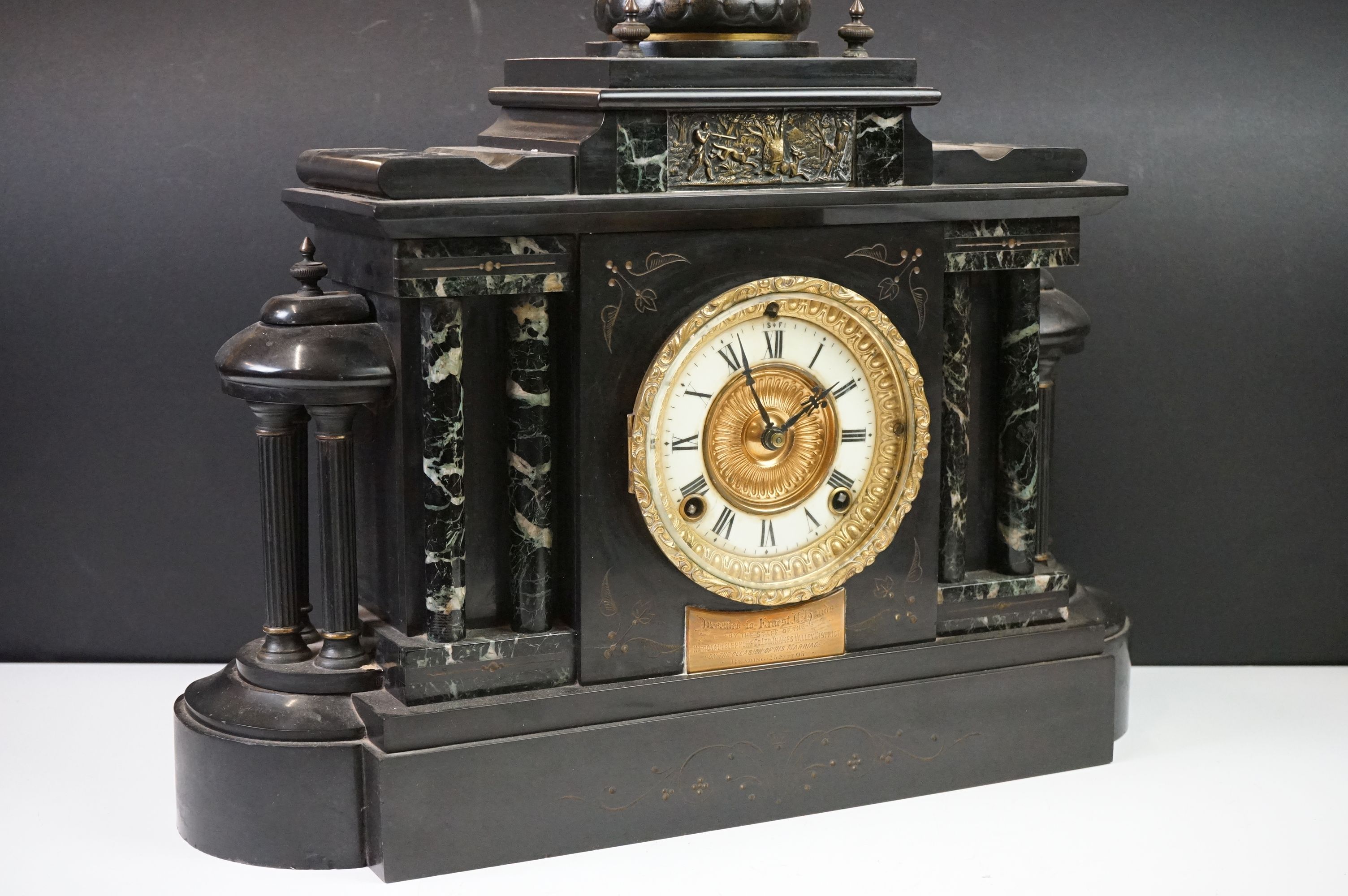 Victorian Architectural Slate and Marble Mantle Clock, the gilt and enamel dial with Roman numerals, - Image 6 of 13