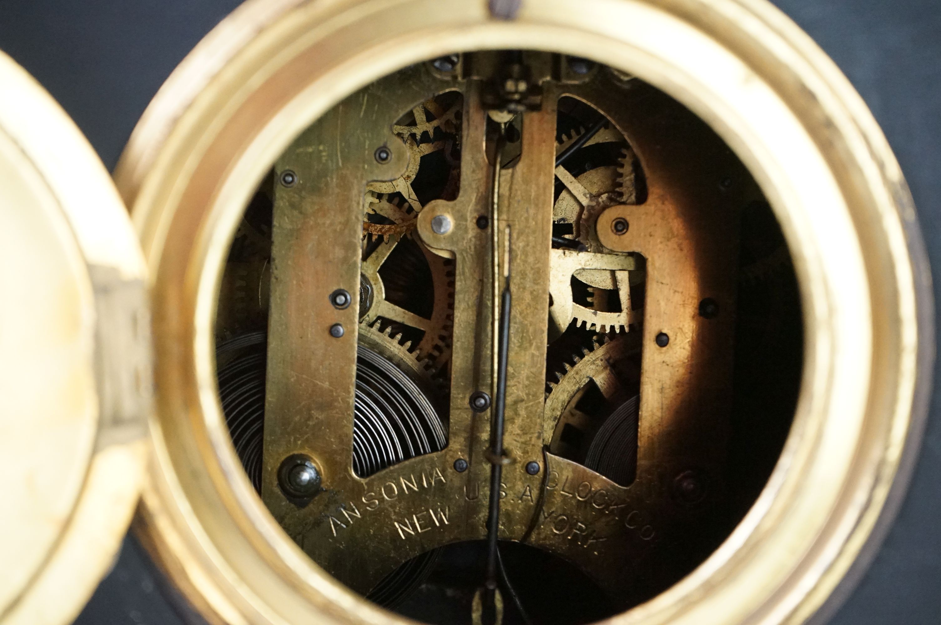 Victorian Architectural Slate and Marble Mantle Clock, the gilt and enamel dial with Roman numerals, - Image 12 of 13