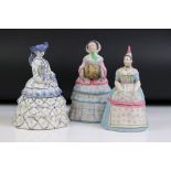 Three figural dressing table lady boxes to include 2 x Bisque porcelain examples, and a Dutch