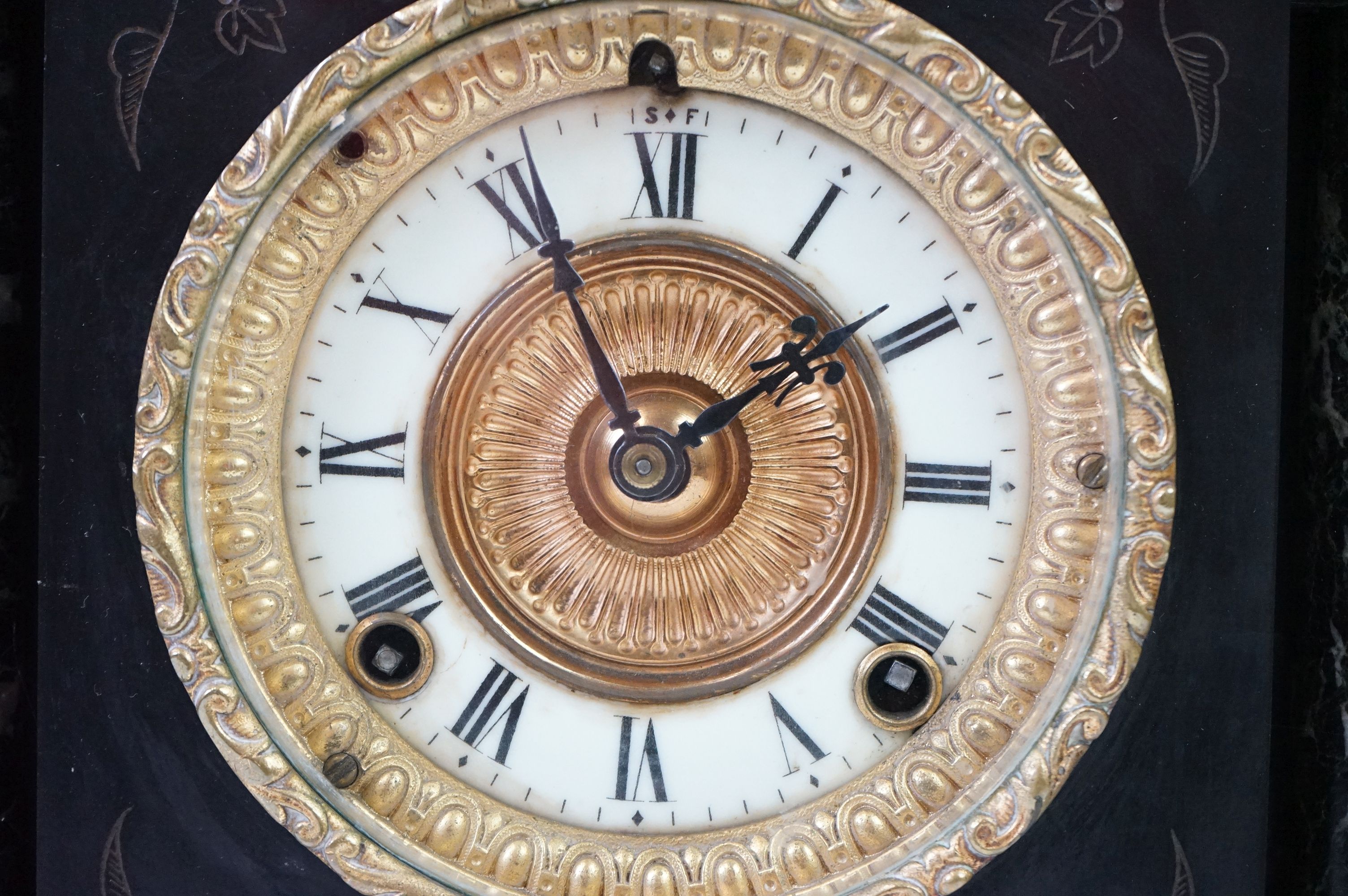 Victorian Architectural Slate and Marble Mantle Clock, the gilt and enamel dial with Roman numerals, - Image 4 of 13