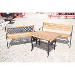 Two Teak and Metal Garden Benches, largest 140cm long x 80cm long together with a similar Garden