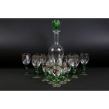 Early-to-mid 20th C green & clear etched glass decanter drinks sets comprising of a decanter &