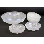 Mid 20th C frosted & opalescent glass dessert set, comprising serving bowl (26 cm diameter) and 6