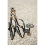 Metal Garden Sundial with frog design, 43cm high together with a Pair of Iron Scrolling Bench Ends