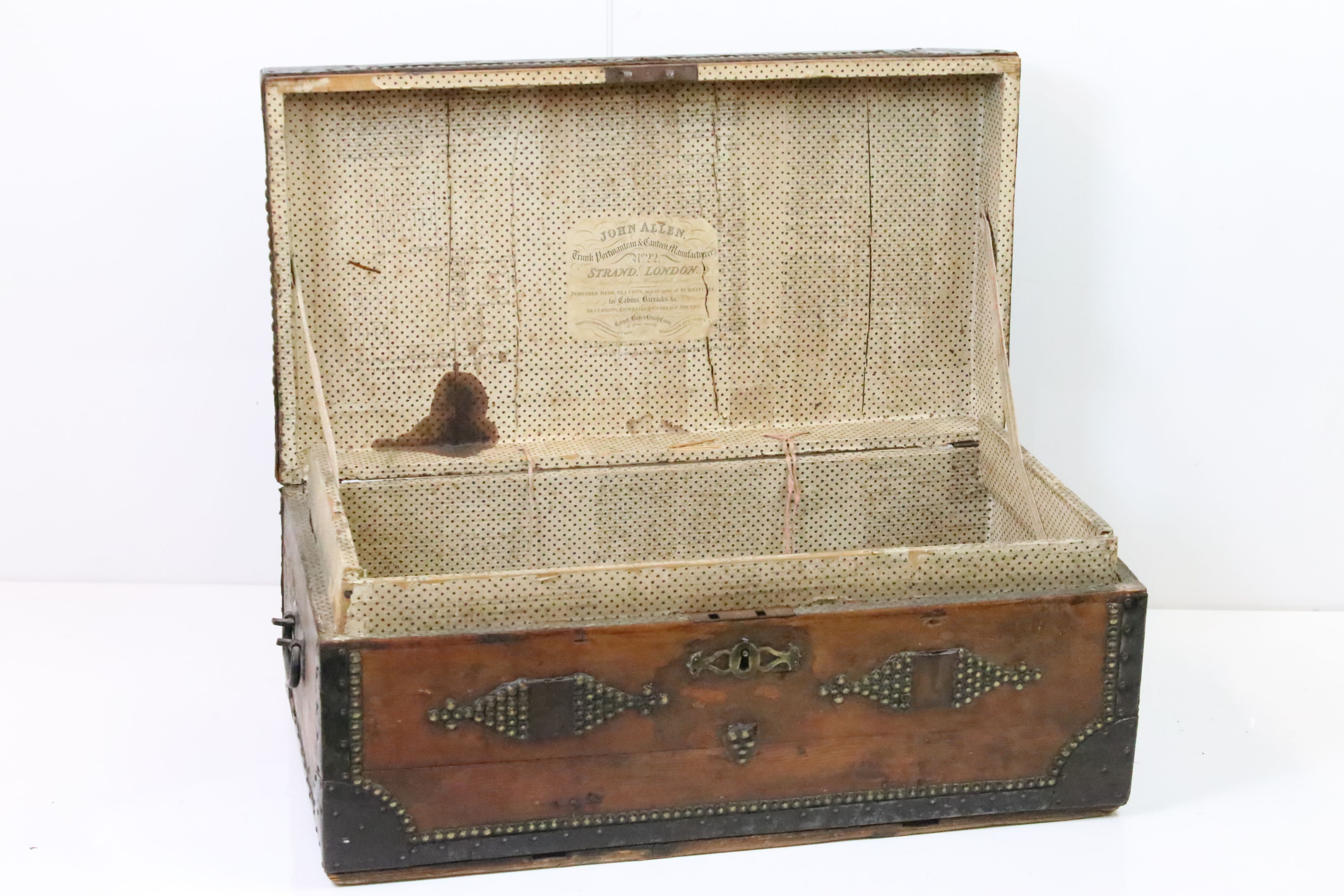 19th century Pine Iron Bound and Brass Studded Trunk / Box with iron carrying handles, 85cm long x