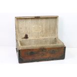 19th century Pine Iron Bound and Brass Studded Trunk / Box with iron carrying handles, 85cm long x