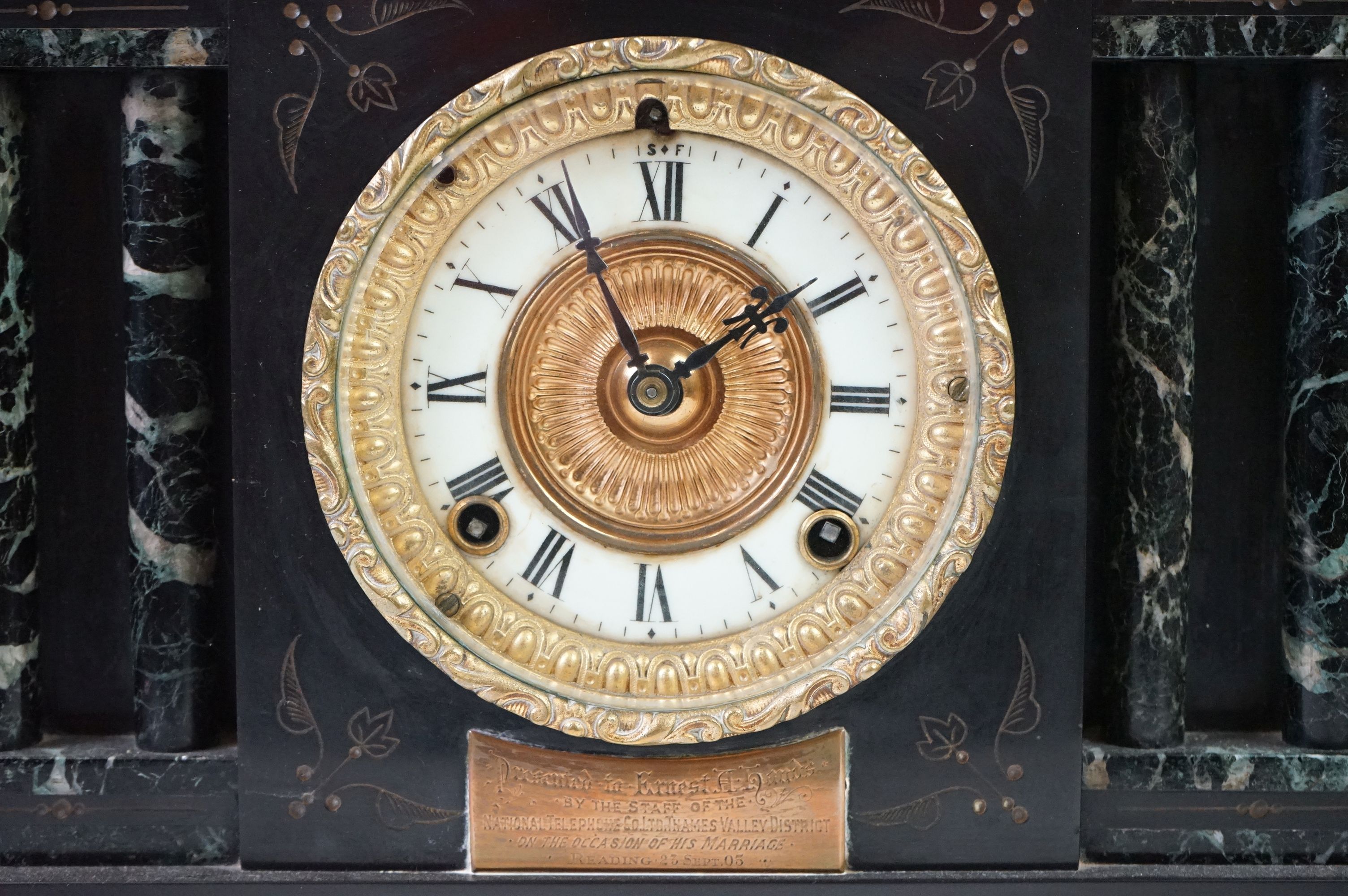 Victorian Architectural Slate and Marble Mantle Clock, the gilt and enamel dial with Roman numerals, - Image 2 of 13