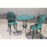 Three piece Garden Patio Set comprising green table with two chairs, table measures 68cm diameter