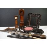 A box of mixed collectables to include vintage carpenters tools, opera glasses, Rosewood