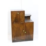 Art Deco Walnut Stepped Cocktail Cabinet with geometric veneer decoration to front of doors and