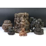 A collection of treen to include two carved happy buddhas, Ganesha and a large tribal piece