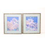 Pair of Chinese Prints on Silk of Court Buildings amongst a mountainous landscape, 34cm x 27cm,